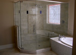 Glass to glass frameless shower with custom handle